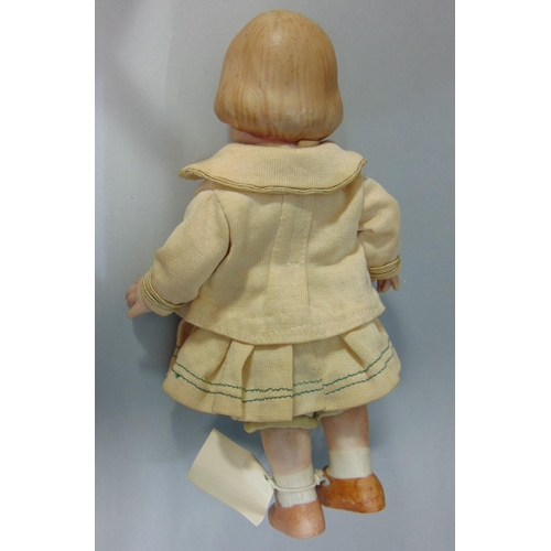 91 - A small German all-bisque doll, unmarked, probably by Gebruder Heubach, with jointed 5 piece body, p... 