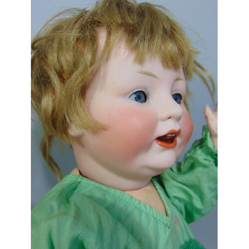 92 - A Franz Schmidt bisque head character baby doll, with closing blue eyes and open mouth with two top ... 