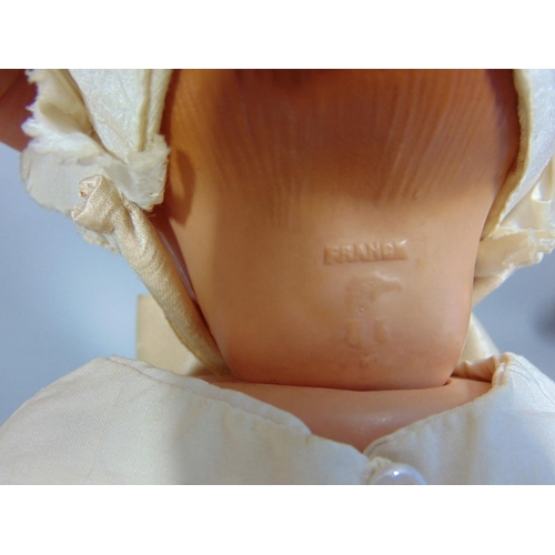 97 - 3 early celluloid dolls including a French Petitcollin baby doll with bent limbs, period silk dress ... 