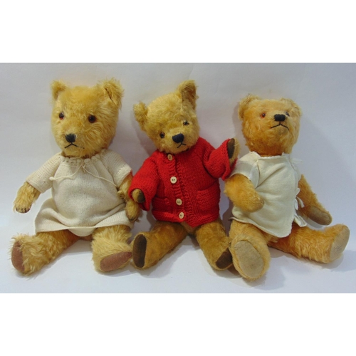 107 - 3 vintage teddy bears, all with golden fur, jointed body and stitched mouth and nose; first is proba... 