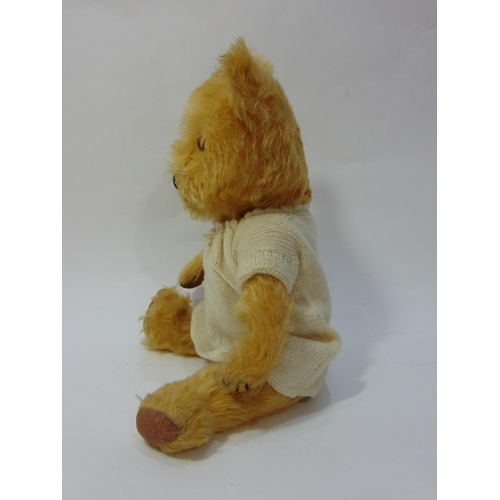 107 - 3 vintage teddy bears, all with golden fur, jointed body and stitched mouth and nose; first is proba... 