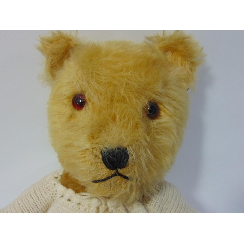 107 - 3 vintage teddy bears, all with golden fur, jointed body and stitched mouth and nose; first is proba... 