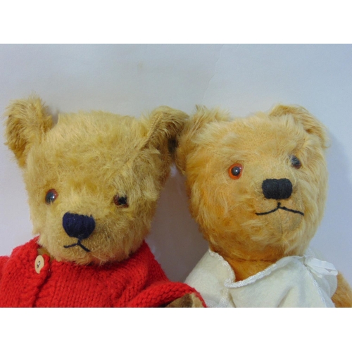 107 - 3 vintage teddy bears, all with golden fur, jointed body and stitched mouth and nose; first is proba... 