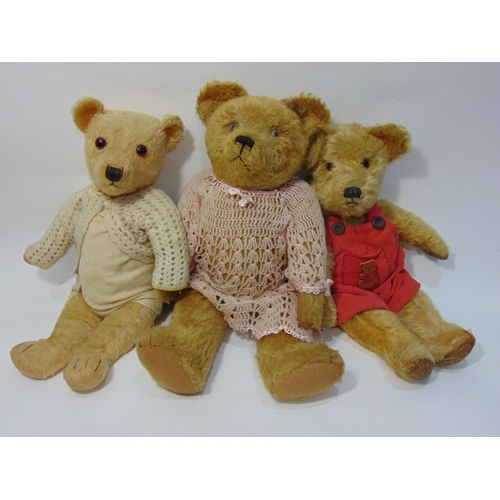 89 - 3 teddy bears with glass eyes, jointed body and stitched mouth and nose; largest, possibly Merrythou... 