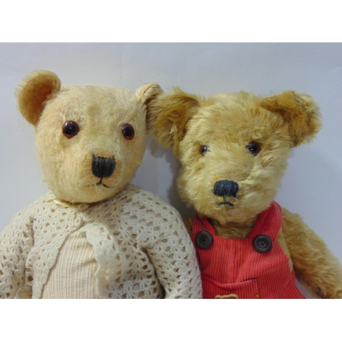 89 - 3 teddy bears with glass eyes, jointed body and stitched mouth and nose; largest, possibly Merrythou... 