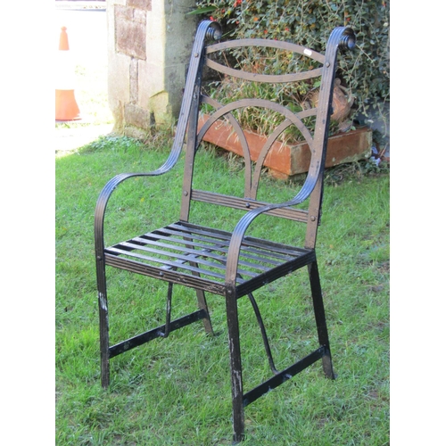 2041 - A Regency style strap work two seat garden bench with lattice and scrolled detail, 100 cm wide, toge... 