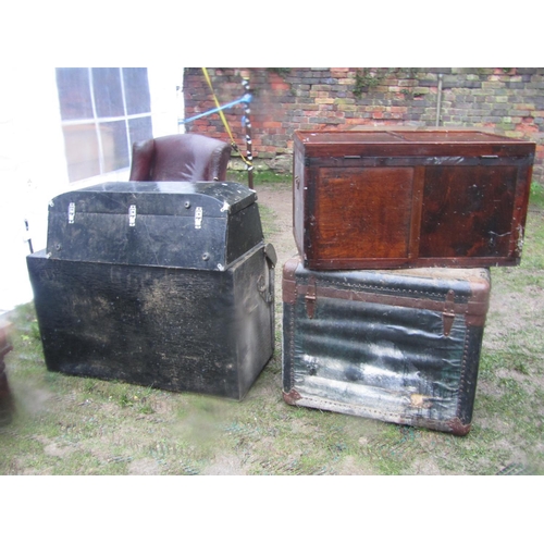 2063 - A vintage cabin trunk, two further vintage car trunks of varying size and design and a simple pine f... 