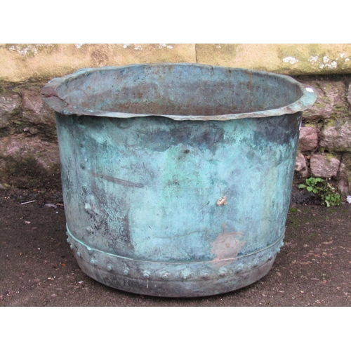 2078 - An old weathered verdigris copper with riveted seams and flared rim (with repair and drilled base), ... 