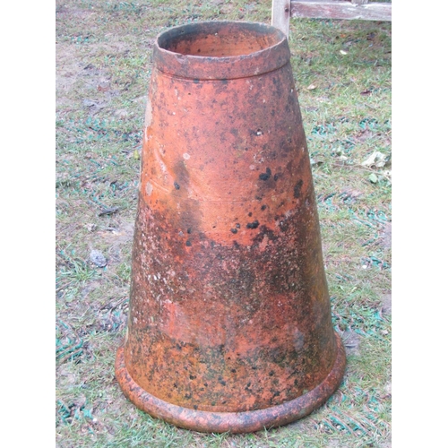 2080 - An old weathered terracotta conical shaped rhubarb forcer 64 cm high