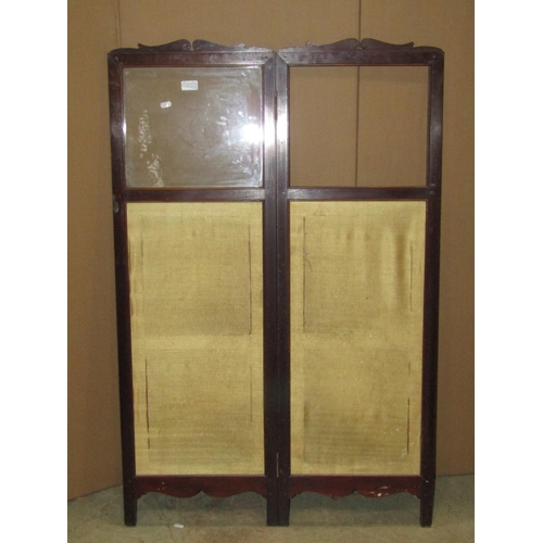 2292 - An Edwardian two fold fireside screen, the lower section enclosed by material panels, the upper sect... 