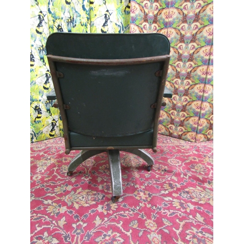 2310A - Vintage industrial/machinists desk chair, with green vinyl upholstery upon a cast aluminium four spo... 