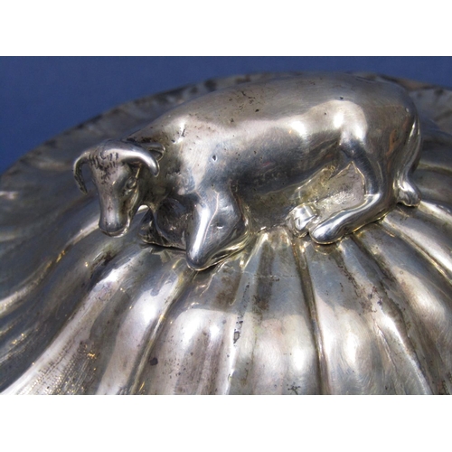 1211 - Good quality Victorian and cast silver butter dish, the gadroon lid mounted by a recumbent cow with ... 