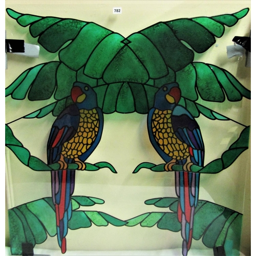 2660 - Interesting glass panel with over painted decoration of two opposing parrots sat on palm leaves, 106... 