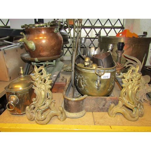 2216 - A quantity of antique and later metalware to include a set of cast iron scales stamped E Renard, ova... 