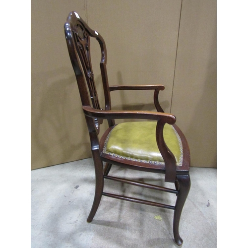 2361 - An Edwardian drawing room chair with carved and pierced splat, with inlaid detail in brass, with uph... 