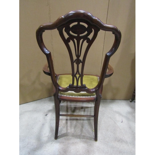 2361 - An Edwardian drawing room chair with carved and pierced splat, with inlaid detail in brass, with uph... 