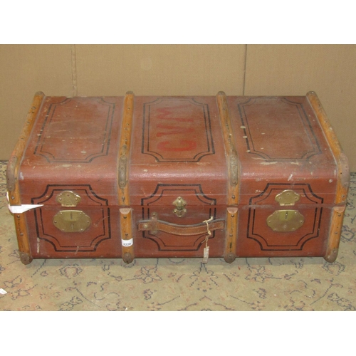 2220 - Two vintage fibre and timber lathe bound cabin trunks with stitched leather handles and painted line... 