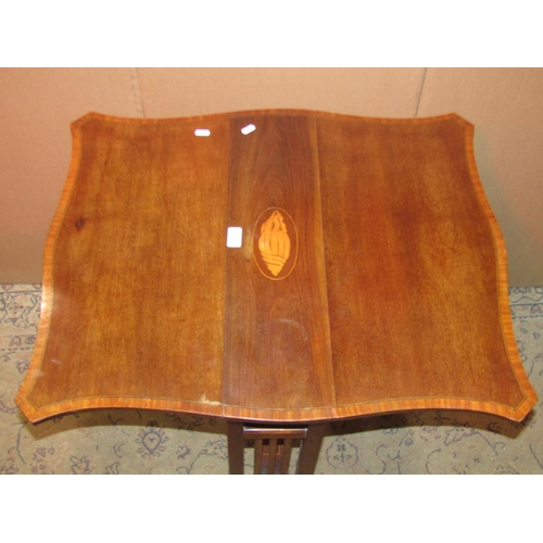 2233 - An inlaid Edwardian mahogany drop leaf Sutherland type tea table with satinwood crossbanding, shell ... 