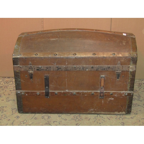 2307 - A vintage wooden canvas steel and timber lathe bound domed top cabin trunk with stitched leather car... 