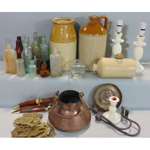 1866 - A mixed lot comprising a pair of turned onyx lamps, a collection of glass kettles, a collection of s... 