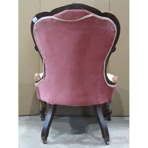 2340 - A Victorian ladies spoonback drawing room chair with serpentine upholstered seat and button back wit... 