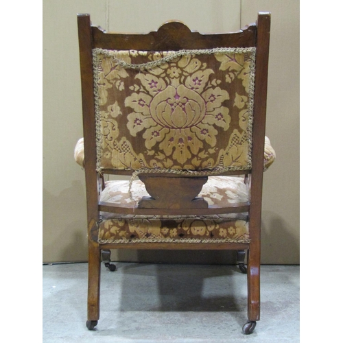 2402 - An inlaid Edwardian walnut drawing room/parlour armchair with classical urn, trailing swag and furth... 