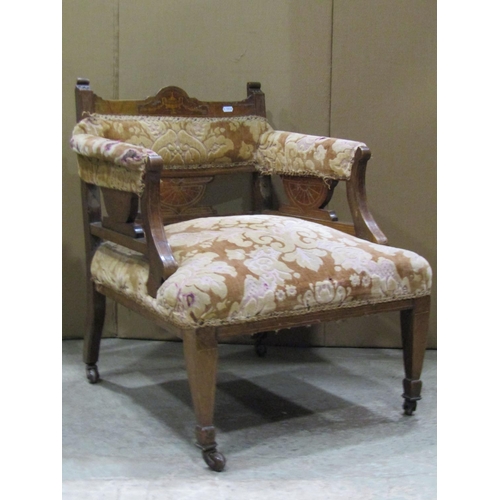 2402 - An inlaid Edwardian walnut drawing room/parlour armchair with classical urn, trailing swag and furth... 