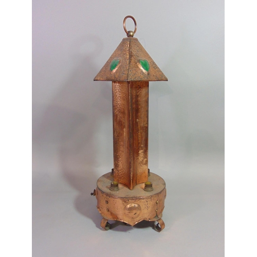 536 - An unusual Arts & Crafts copper lamp/lantern with four bulb fittings, two switches, hammered finish ... 