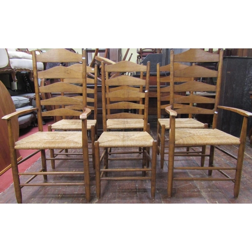 2657 - A set of six (4&2) good quality ashwood ladderback chairs with rush seats on turned supports and rai... 