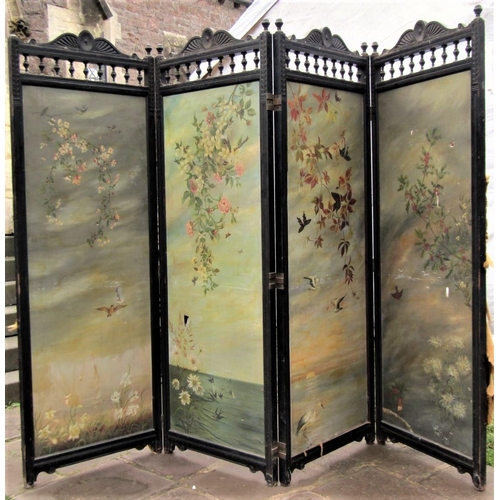 2661 - An aesthetic  period four fold room divider of full height, the ebonised framework with repeating ca... 