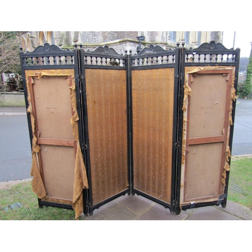 2661 - An aesthetic  period four fold room divider of full height, the ebonised framework with repeating ca... 