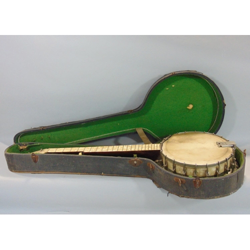 1869 - A Vintage Banjo with chrome mounts and simulated mother of pearl mounts, with canvas and basic lined... 