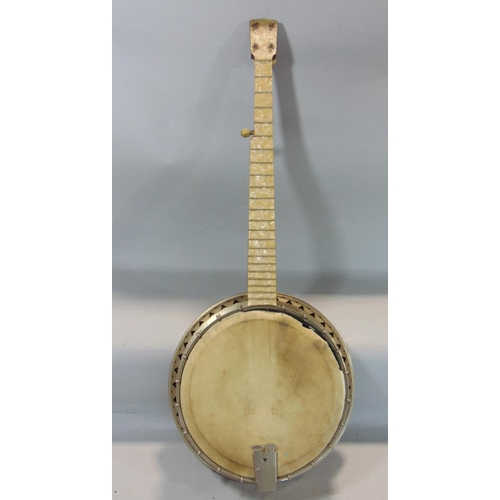 1869 - A Vintage Banjo with chrome mounts and simulated mother of pearl mounts, with canvas and basic lined... 