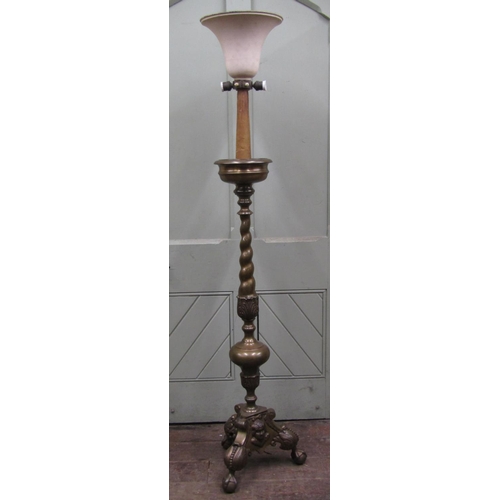 2680 - A brass lamp standard in the form of a 17th century brass pricket candlestand, the spiral twist and ... 