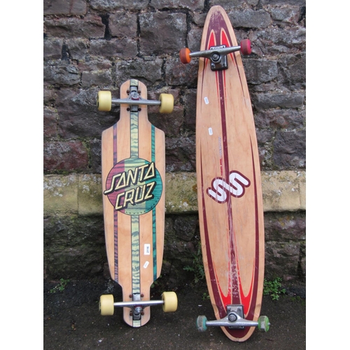 2116 - A vintage Santa Cruz long board with mindless trucks together with a further mindless longboard (2)