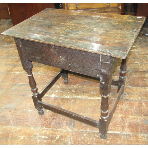 2645 - 18th century oak side table, the overhanging top above a single frieze drawer on turned supports, 76... 