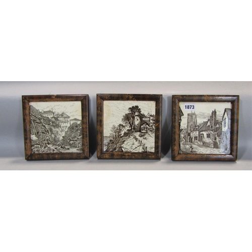 1873 - Set of three 19th century  Mintons tiles in sepia, by LT Swetman including Westgate, Warwick, 15cm s... 