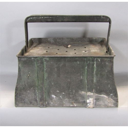 1874 - 19th century bait or ferret box with pierced lid, swing handle and shaped outline with verdigris fin... 