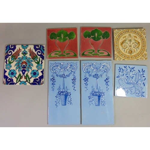 1062 - Collection of 19th century and later tiles to include a Kutahya Iznik type tile 20 x 20 cm, two rect... 