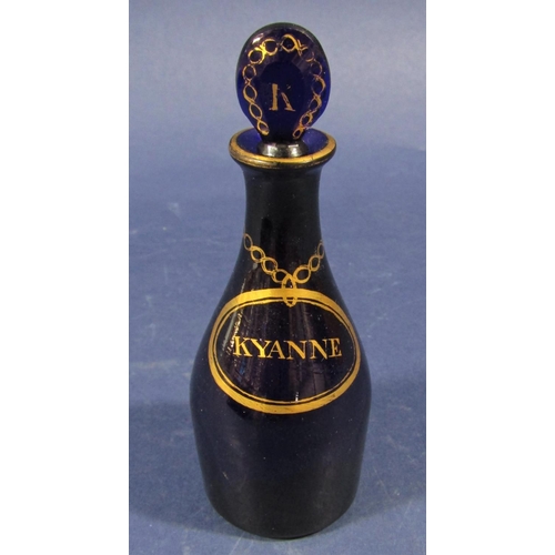 1205 - A good antique Bristol Blue scent bottle with gilt highlights inscribed Kyanne with original glass s... 