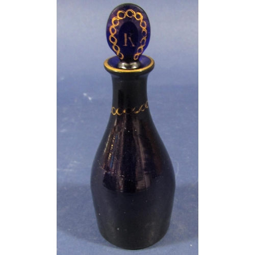 1205 - A good antique Bristol Blue scent bottle with gilt highlights inscribed Kyanne with original glass s... 