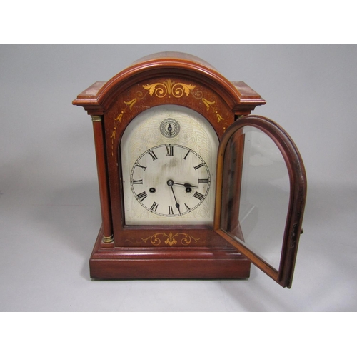 1473 - Edwardian inlaid walnut bracket type clock, the arched engraved dial with silent chime subsidiary di... 