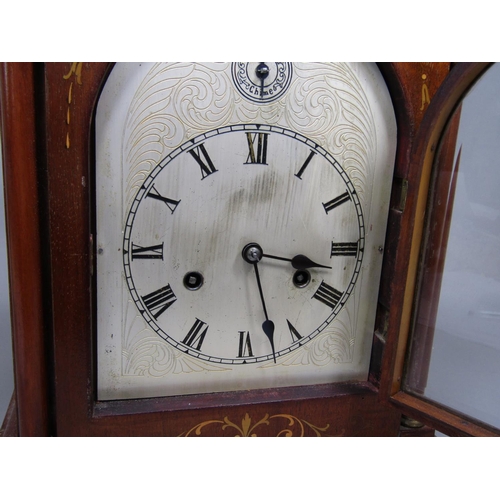 1473 - Edwardian inlaid walnut bracket type clock, the arched engraved dial with silent chime subsidiary di... 