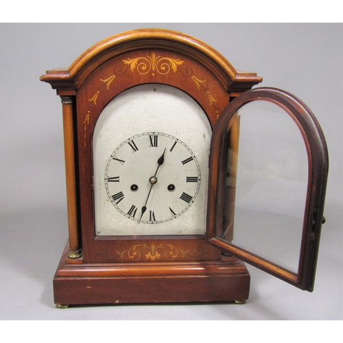 1474 - Edwardian walnut bracket type clock with arched, engraved steel dial, Roman numerals and twin train ... 