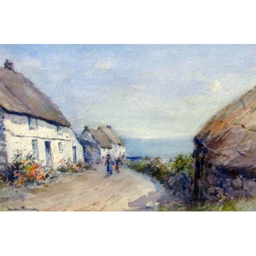 224 - James Grant Leckie Ewing (Scottish Fl.1890-1934) - Coastal scene with thatched cottages and figures,... 