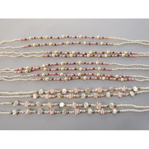 1398 - Three cultured pearl sautoir necklaces, strung with both white and pink pearls and gold and gemstone... 