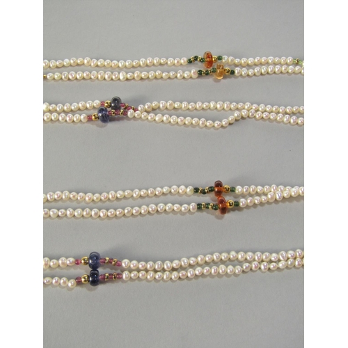 1397 - A pair of cultured pearl sautoir necklaces strung with gold and multi-gem beads, both stamped 'Schoe... 