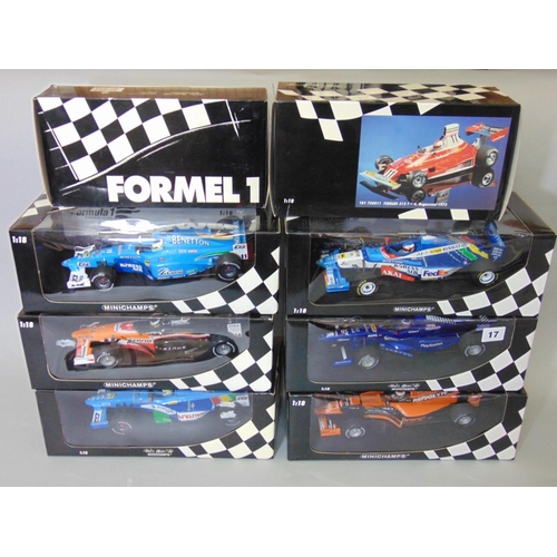 17 - 8 Minichamps Grand Prix Formula One 1:18 scale boxed model racing cars including Ferrari 412 T2 J Al... 