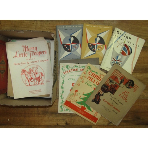 418 - A box containing a quantity of vintage sheet music together with three vintage Festival of Britain c... 