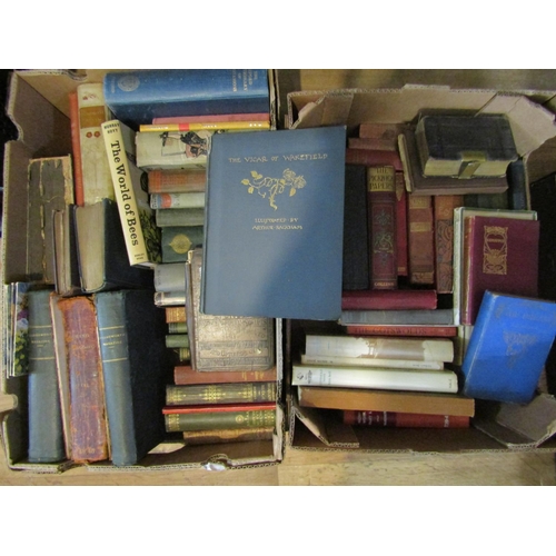 445 - Two boxes of miscellaneous books to include The Vicar of Wakefield illustrated by Arthur Rackham, Ge... 